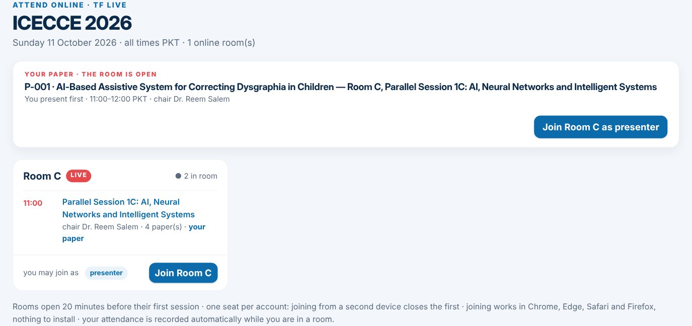 Attend online: every room of the day with a Join button, the author's own paper on top